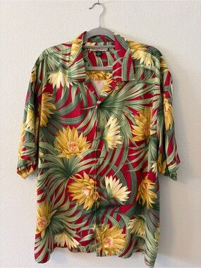 Tommy Bahama Red Silk Hawaiian Button-Down with Yellow Floral Print